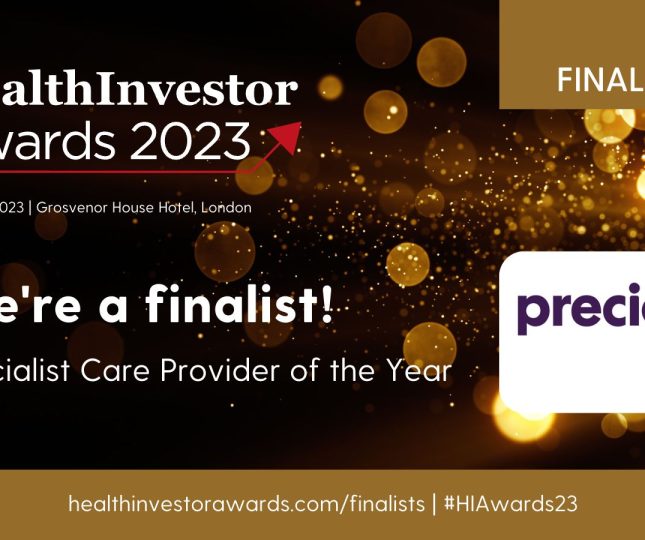 HealthInvestor Awards logo, black with sparkles and thw words "we are a finalist"